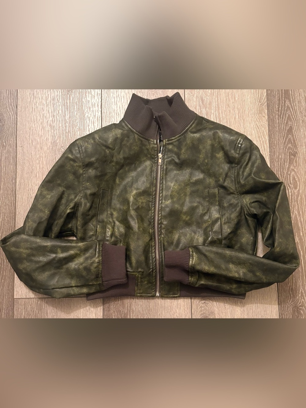 PrettyLittleThing Faux Leather Bomber Jacket Olive Green Distressed Size US 10